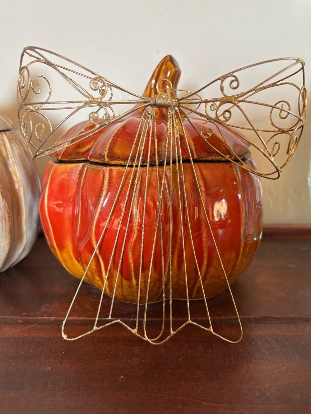 Vintage Metal Gold Glitter Bow Ornament Christmas Holiday Decor
